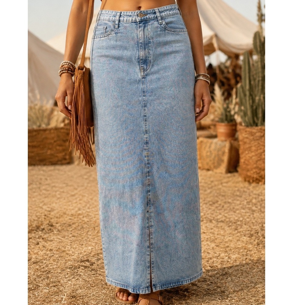 Christopher & Banks Womens Blue Denim Maxi Skirt High Waist Cotton Size 8 Boho